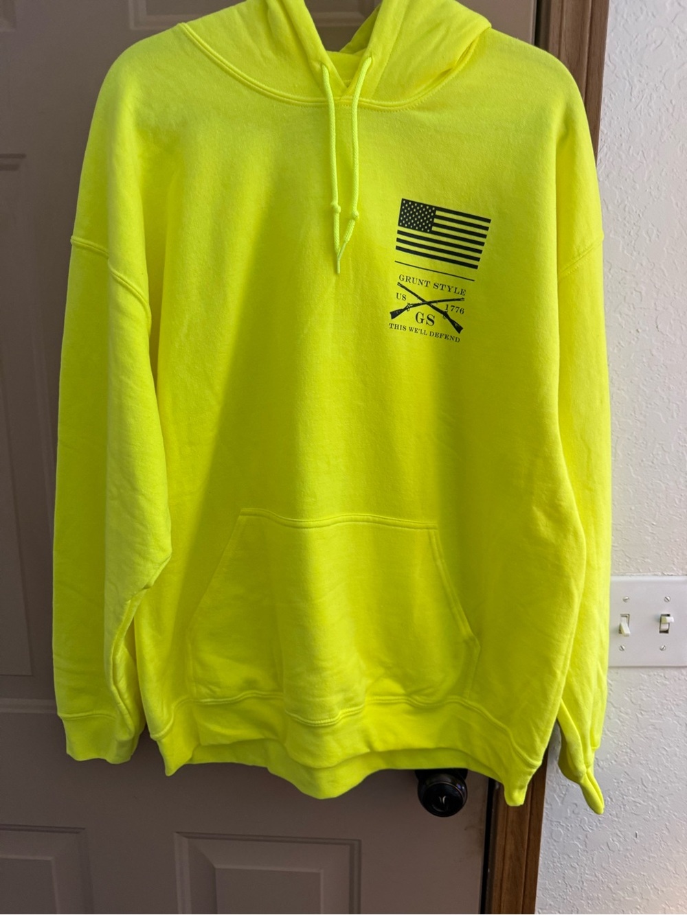Grunt Style Men’s Neon Yellow Pullover Hoodie with Flag Logo
